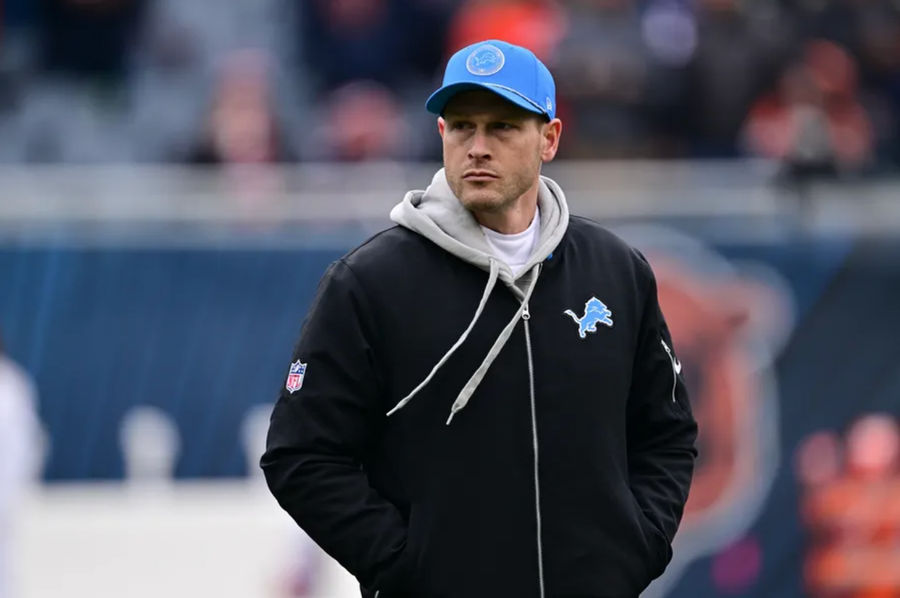 December 22, 2024; Chicago, Illinois, USA; Detroit Lions Offensive Coordinator Ben Johnson before a game against Chicago Bears at Soldier Field. Mandatory Credit: Daniel Bartel-Imagn Pictures