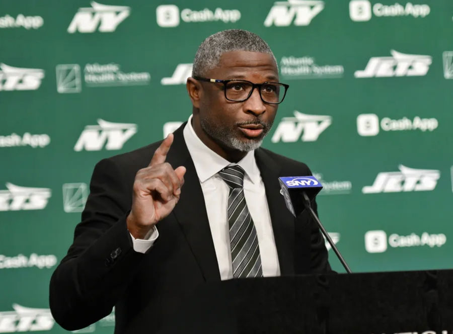 27 Jan 2025; Florham Park, NJ, USA; New York Jets head coach Aaron Glenn speaks during his introductory press conference at the Atlantic Health Jets Training Center. Mandatory Credit: John Jones-Immagn Pictures