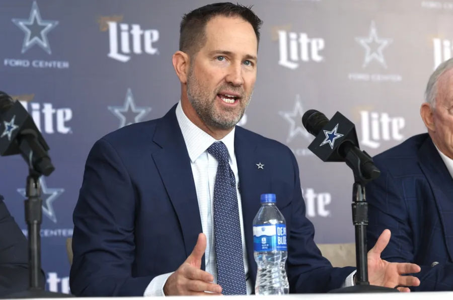 27 Jan 2025; Frisco, TX, USA; Dallas Cowboy's head coach Brian Schottenheimer speaks to the media at a press conference at The Star. Mandatory Credit: Tim Heitman-Imagn Pictures