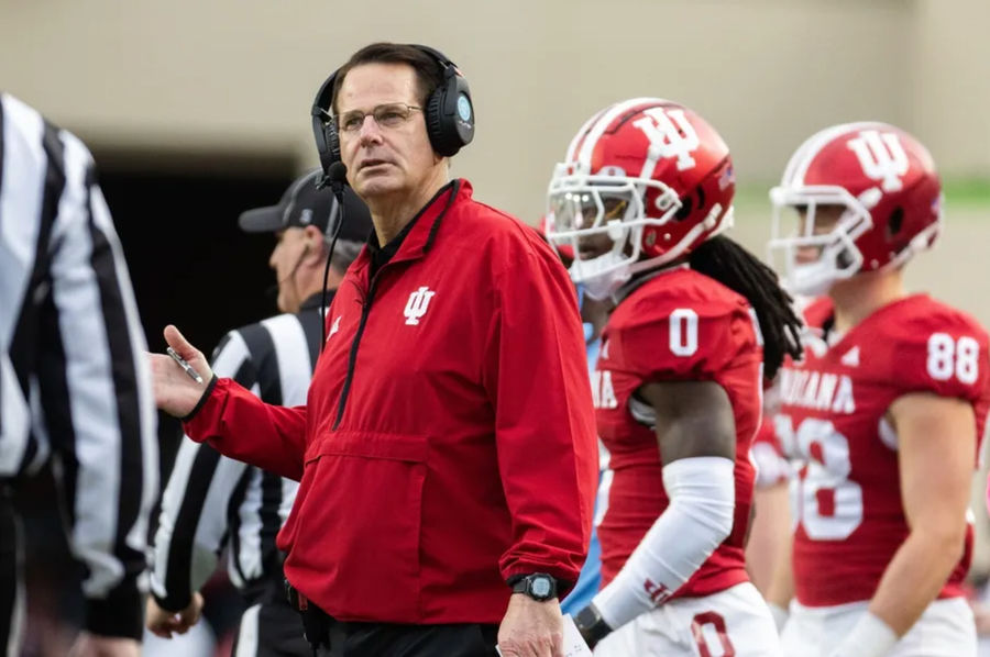 November 9, 2024; Bloomington, Indiana, USA; Indiana Hoosier's head coach Curt Cignetti reacts in the game against Michigan Wolverines at Memorial Stadium. Mandatory Credit: Trevor Ruszkowski-Imagn images