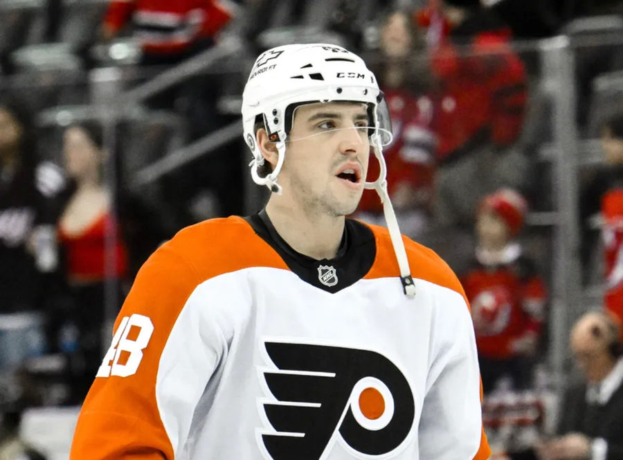 29 Jan 2025; Newark, New Jersey, USA; Philadelphia Flyers Center Morgan Frost (48) warms up before a match against the New Jersey Devils at the Prudential Center. Mandatory Credit: John Jones-Immagn Pictures