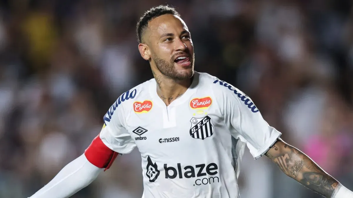 Neymar from Santos celebrates the second goal of Hist Team made by Tiquinho Soares during the Paulista Championship 2025 match between Santos and Noroeste at Urbano Caldeira Stadium (Vila Belmiro) on February 19, 2025 in Santos, Brazil.