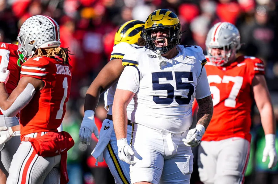 Michigan Defensive Lineman Mason Graham (55) celebrates a play against Ohio State during the second half at Ohio Stadium in Columbus, Ohio on Saturday, November 30, 2024. Photo USA Today Sports Images.