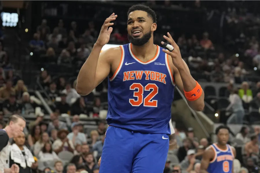 March 19, 2025; San Antonio, Texas, USA; New York Knicks forward Karl-Anthony Towns (32) reacts during the second half against San Antonio Spurs at the Frost Bank Center. Mandatory Credit: Scott Wachter-Imagn Pictures