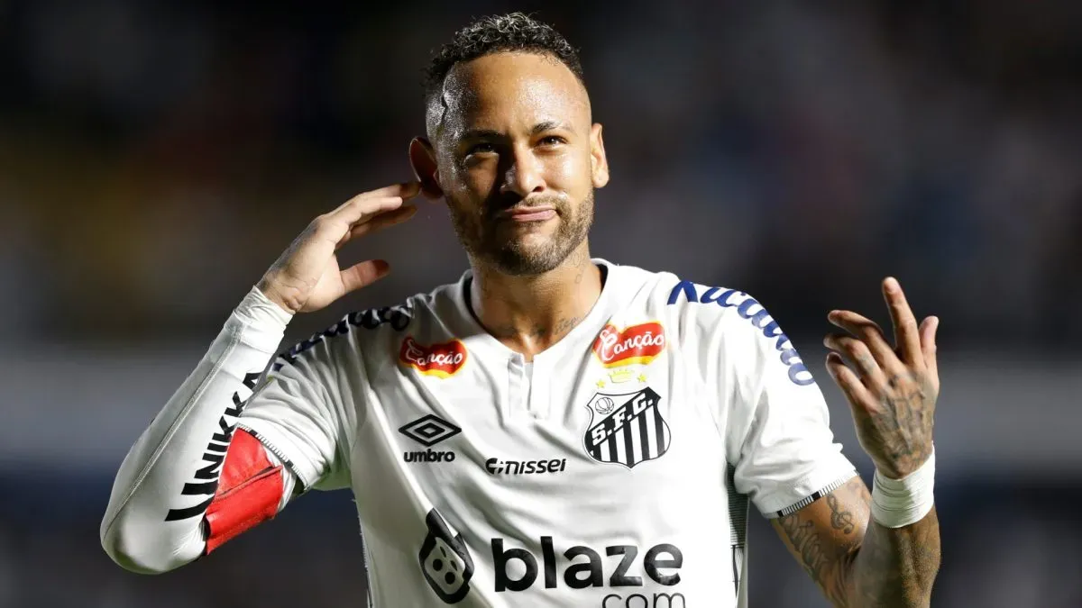 Neymar from Santos celebrates after scoring his team's first goal during a match between Santos and Red Bull Bragantino as part of Paulista Championship 2025 Quarer Food on Urban Caldeira Stadium (Vila Belmiro) on March 2, 2025 in Santos, Brasil.