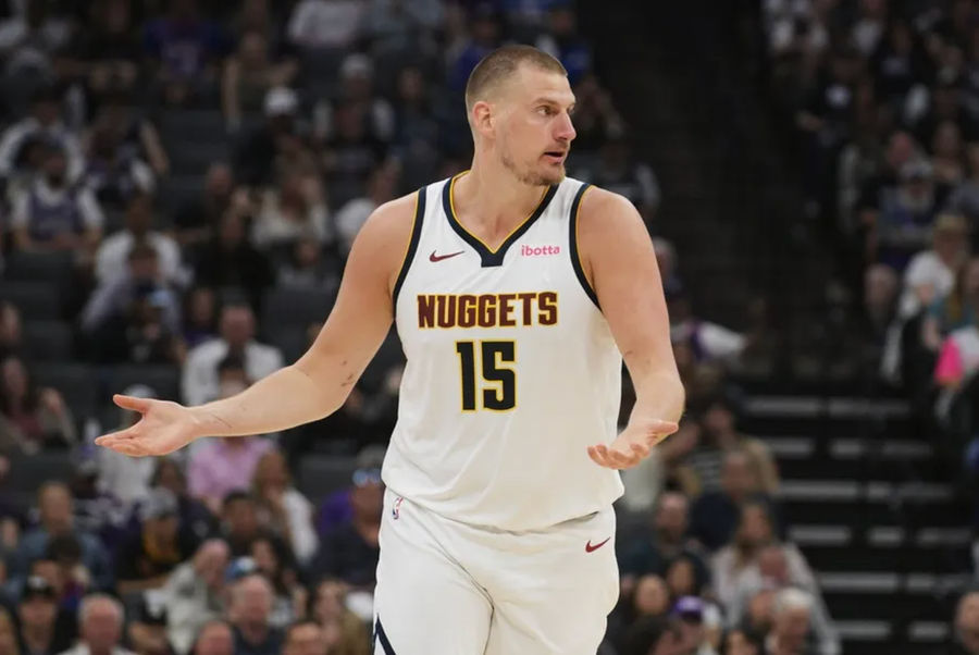 April 9, 2025; Sacramento, California, USA; Denver Nuggets Center Nikola Jokic (15) is looking for a call during the second quarter of the match against Sacramento Kings at the Golden 1 Center. Mandatory Credit: Ed Szczepanski-Imagn images