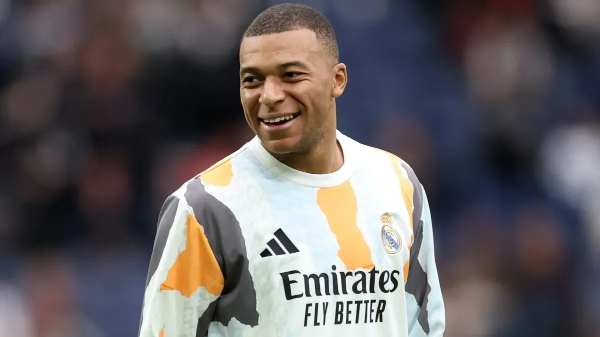 Kylian Mbappe from Real Madrid smiles during the warm -up before the Laliga match between Real Madrid CF and Valencia CF at Estadio Santiago Bernabeu, April 5, 2025 in Madrid, Spain.