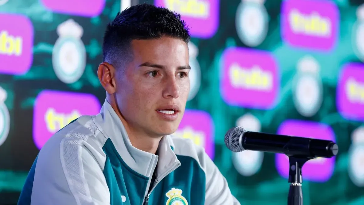 James Rodriguez speaks at a press conference during a presentation as a new player by the club Leon at La Esmeralda Clubhouse on January 14, 2025 in Leon, Mexico.