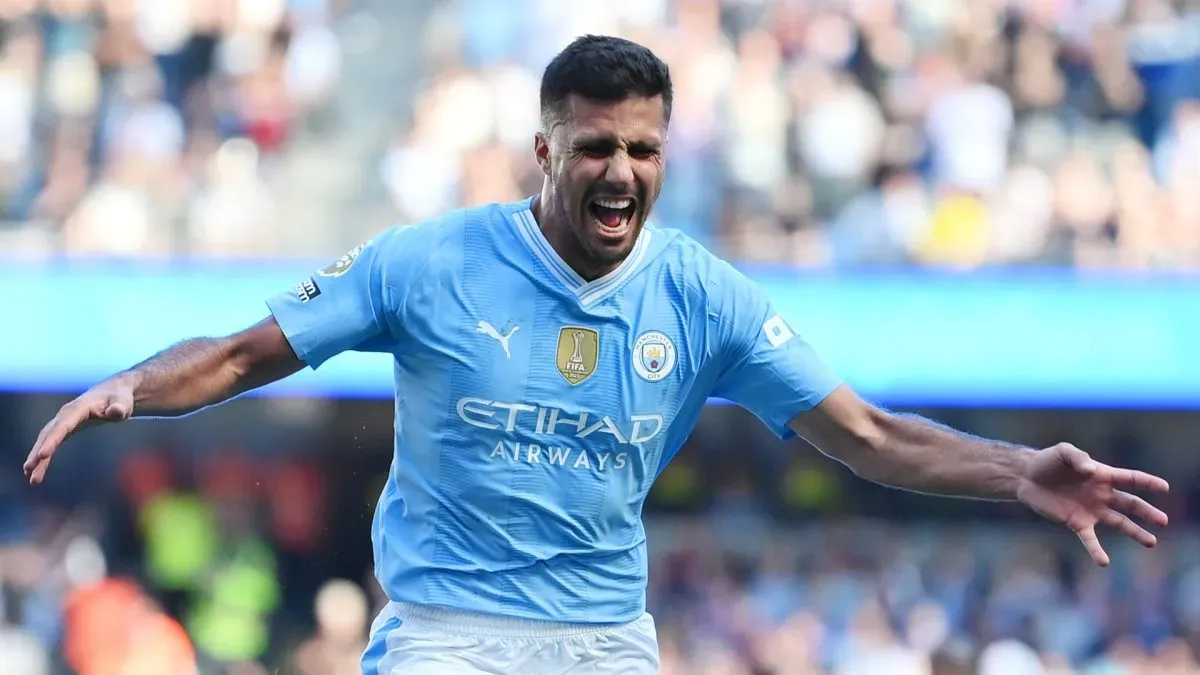 Rodri from Manchester City celebrates scoring his team's third goal during the Premier League match between Manchester City and West Ham United at Etihad Stadium on May 19, 2024 in Manchester, England.